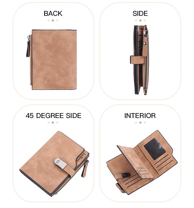 Tan faux leather women’s short wallet with zipper closure metal clasp and interior card slots for organizing multiple cards.