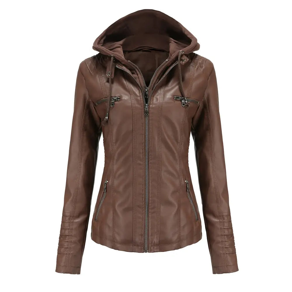Brown faux leather slim fit hooded jacket with a central zipper and zippered pockets from the two-piece detachable hooded leather jacket collection.