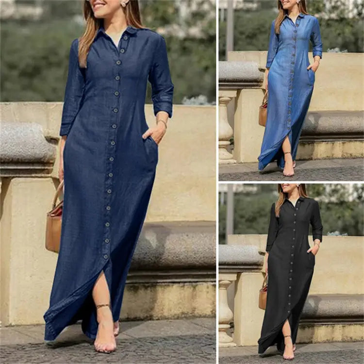 denim button front long sleeve maxi dress in navy medium blue and black showcasing the front design and button-down detail