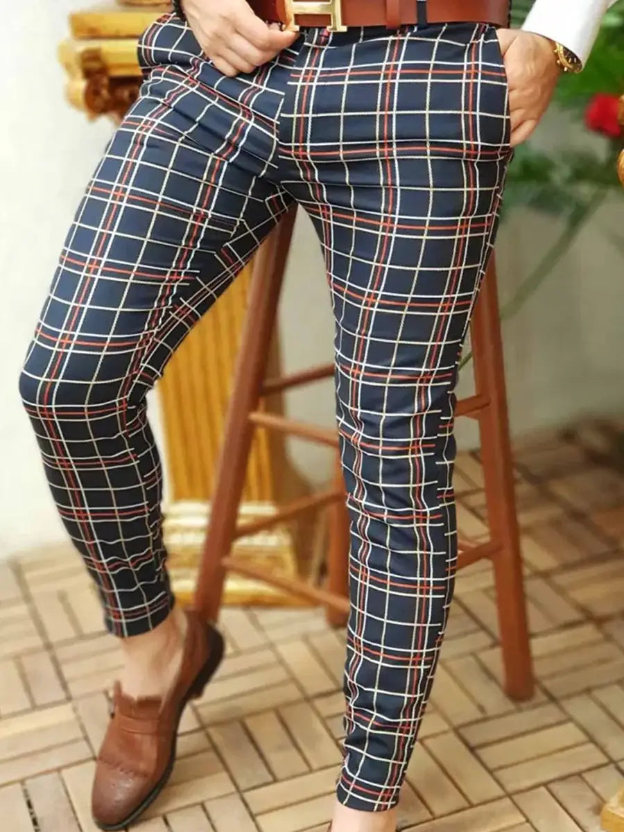 Men plaid casual trousers slim fit check pants in navy blue with white and red grid lines featuring a slim-fit cut for a stylish casual look.