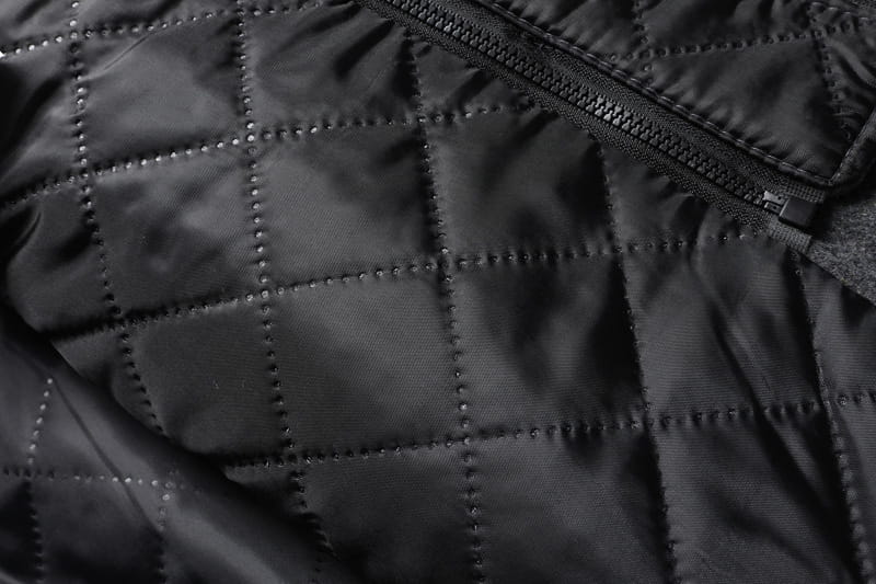 men wool winter overcoat quilted jacket in black featuring a zipper closure designed for cold weather use