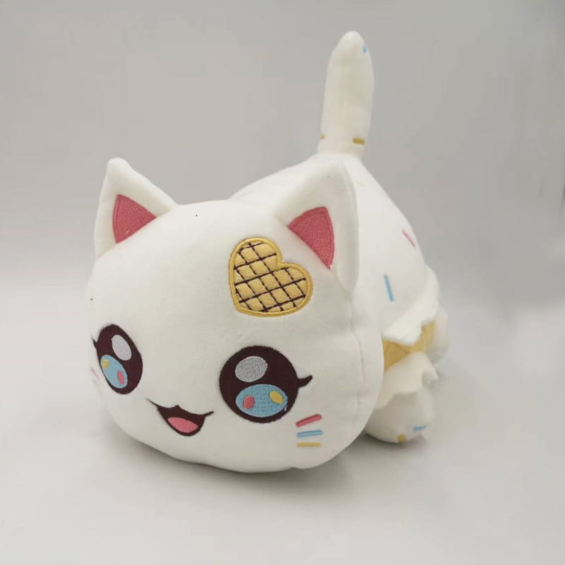 cat plush stuffed animal toy for kids 25cm featuring a white plush body with pink inner ears embroidered eyes with blue and purple accents a heart-shaped waffle design on its forehead and colorful sprinkles scattered across its body.
