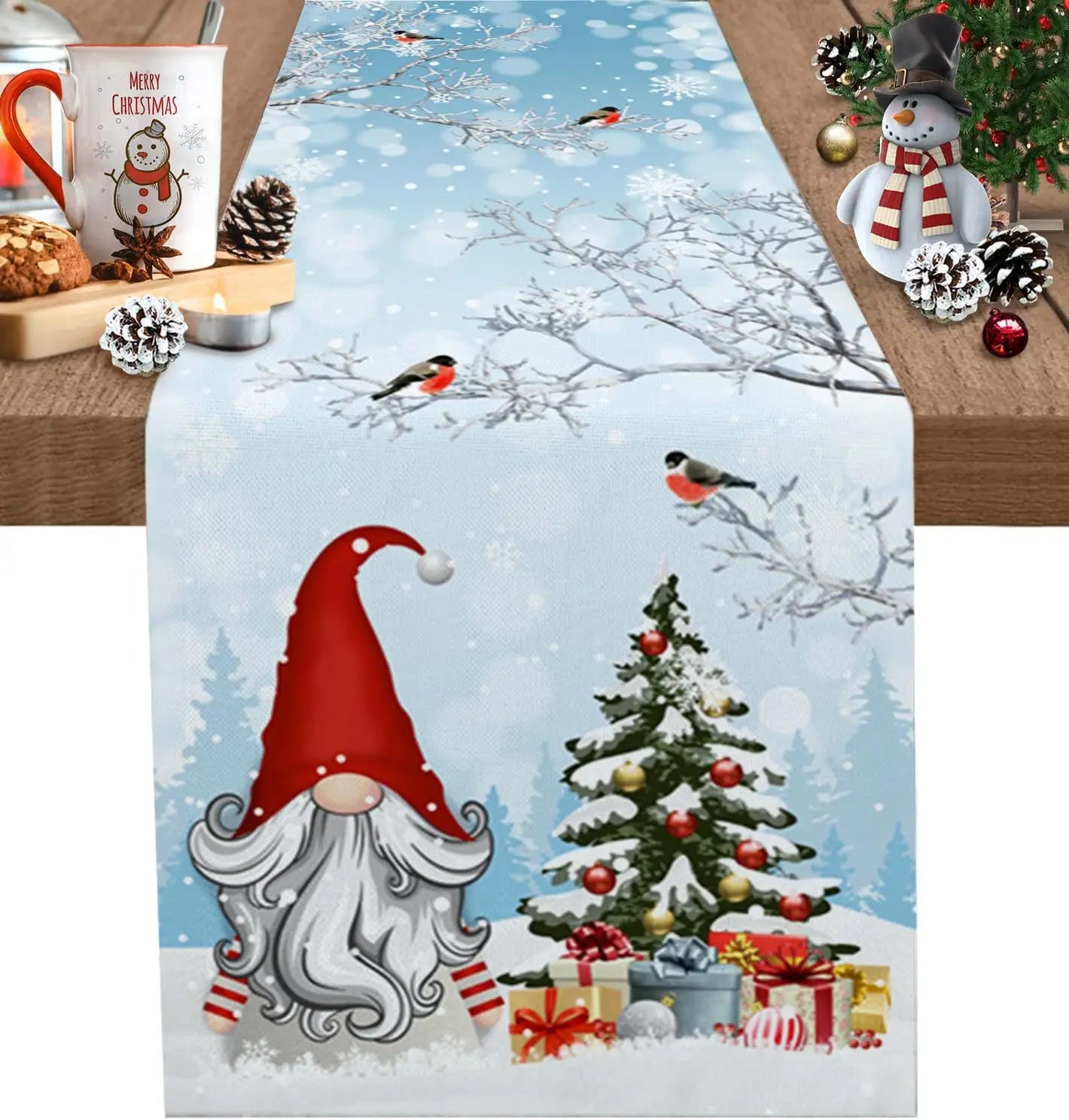christmas table runner festive holiday decor 183x33 featuring a red hat and white beard gnome surrounded by snow-covered trees ornaments and birds on snowy branches