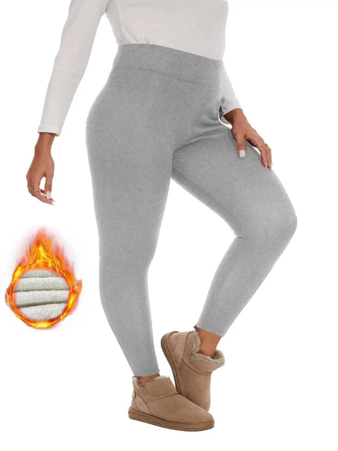 Gray fleece lined high waisted winter leggings with a soft fleece interior for warmth.