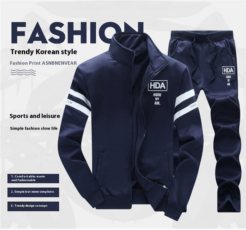 Navy blue mens track suit athletic zip sweatshirt jacket and matching hoodie style pants set featuring white stripes on the sleeves.