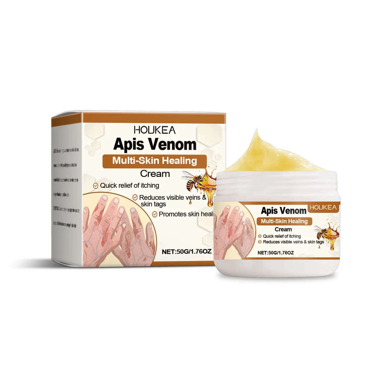 Weiße Dose mit Houkea-Apis-Venmgift-Multiskin-Heilcreme mit beigem Deckel, mit einer Abbildung von Bienen und Händen auf dem Etikett für Bee-Venom-Multi-Heilcreme mit Teebaumöl.
