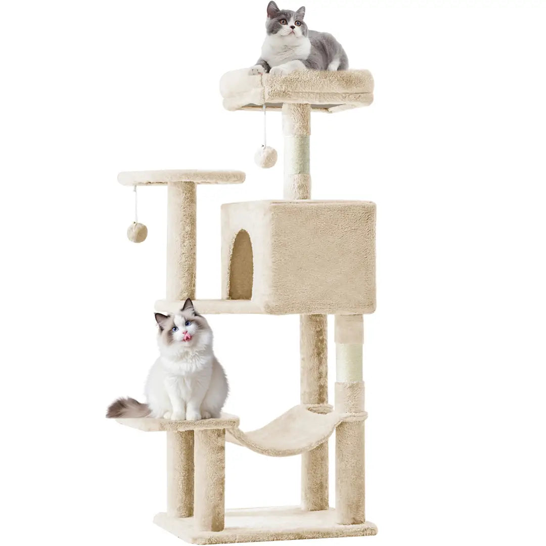 Beige 44 inch multi-level cat tree tower with soft carpeted platforms sisal scratching posts and hanging toys for cats.
