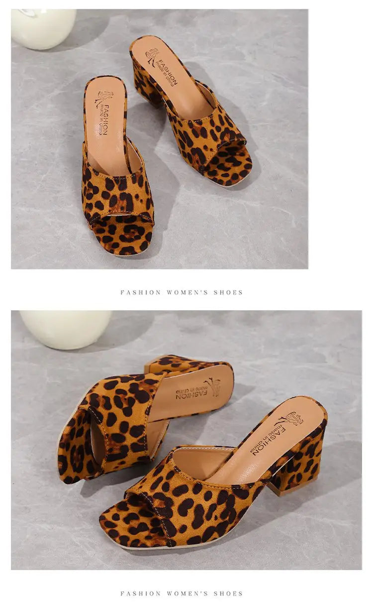 leopard square toe chunky heel mule sandals in red white and tan with leopard print and block heels
