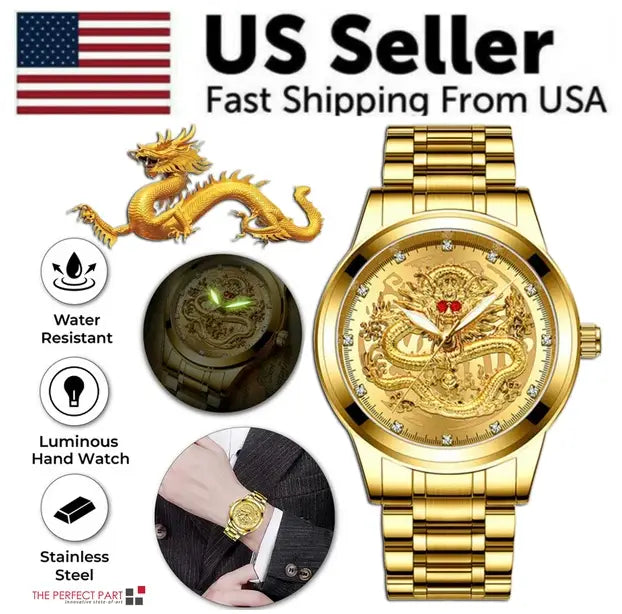 Men’s luxury 18k gold dragon diamond quartz watch with a stainless steel band and intricate engraved golden dragon design.