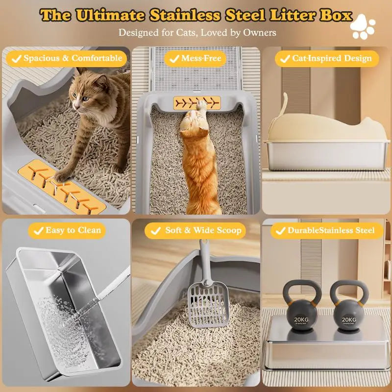 La caja para arena de gato grande de acero inoxidable presenta un diseño elegante en gris y naranja, con una construcción de acero inoxidable resistente para un uso duradero.