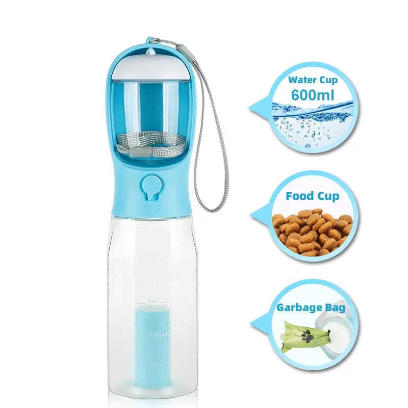 Gourde pour chien bleu clair et transparente avec coupe intégrée, compartiment pour sac à crottes et contenance de 600 ml pour une hydratation et un repas portables.