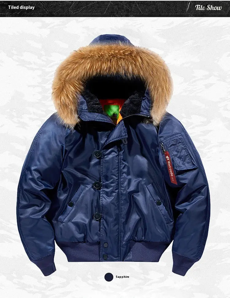 Navy blue bomber jacket with a removable tan fur-lined collar and black buttons featuring a red tag on the sleeve for plus size wear.