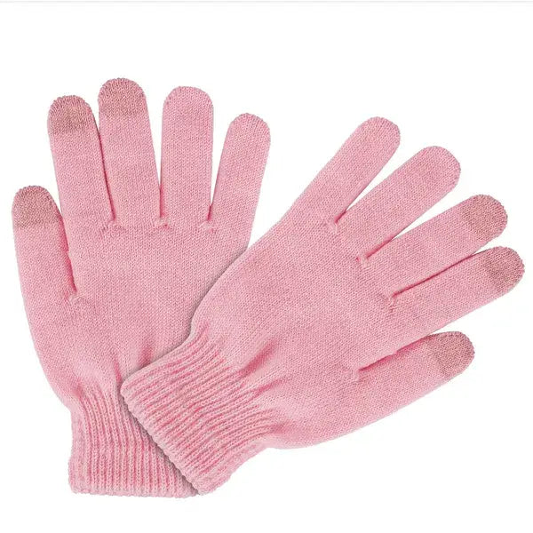 ein Paar weicher rosa gestrickter Touchscreen-Winterhandschuhe mit gerippten Bündchen und strukturierten Fingerspitzen, ausgelegt, um warm und winddicht zu sein.