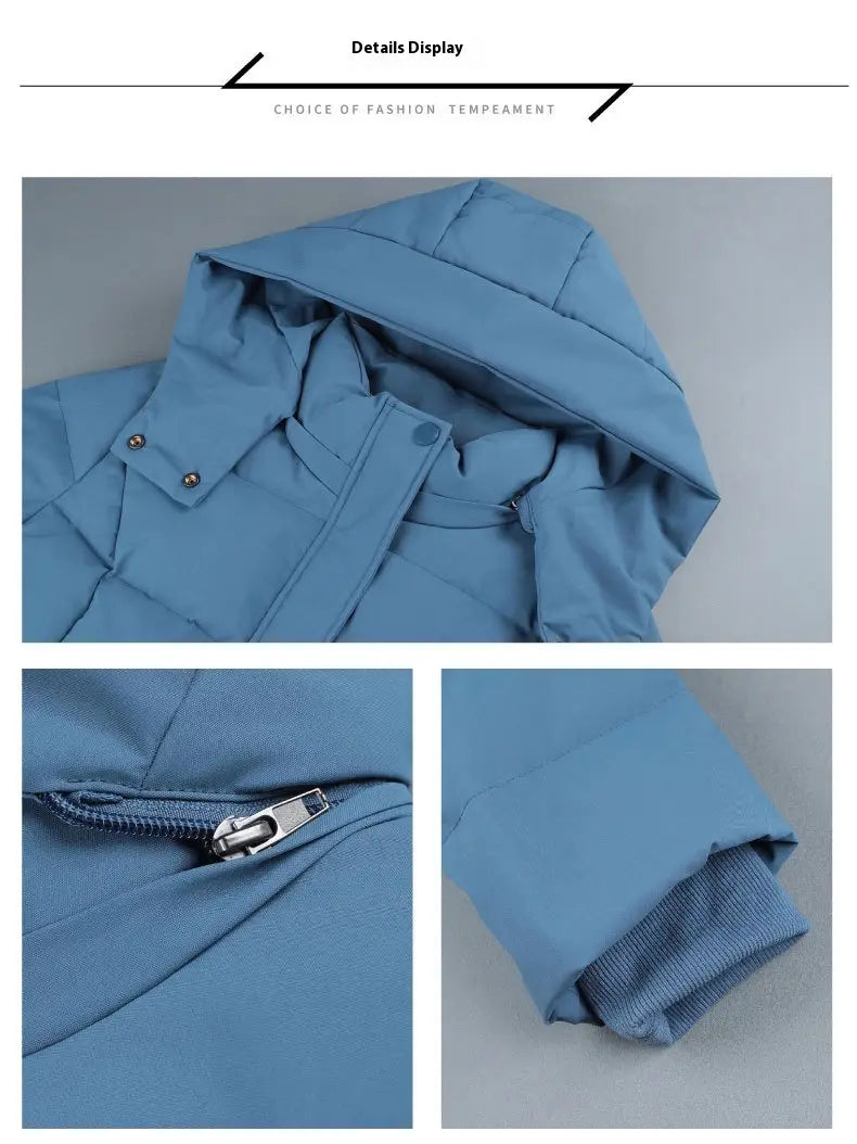 Chaqueta acolchada de plumón azul claro para mujer, con capucha, cremallera de tono plateado y botones a presión, diseñada como abrigo acolchado corto, grueso y abrigador para el invierno.