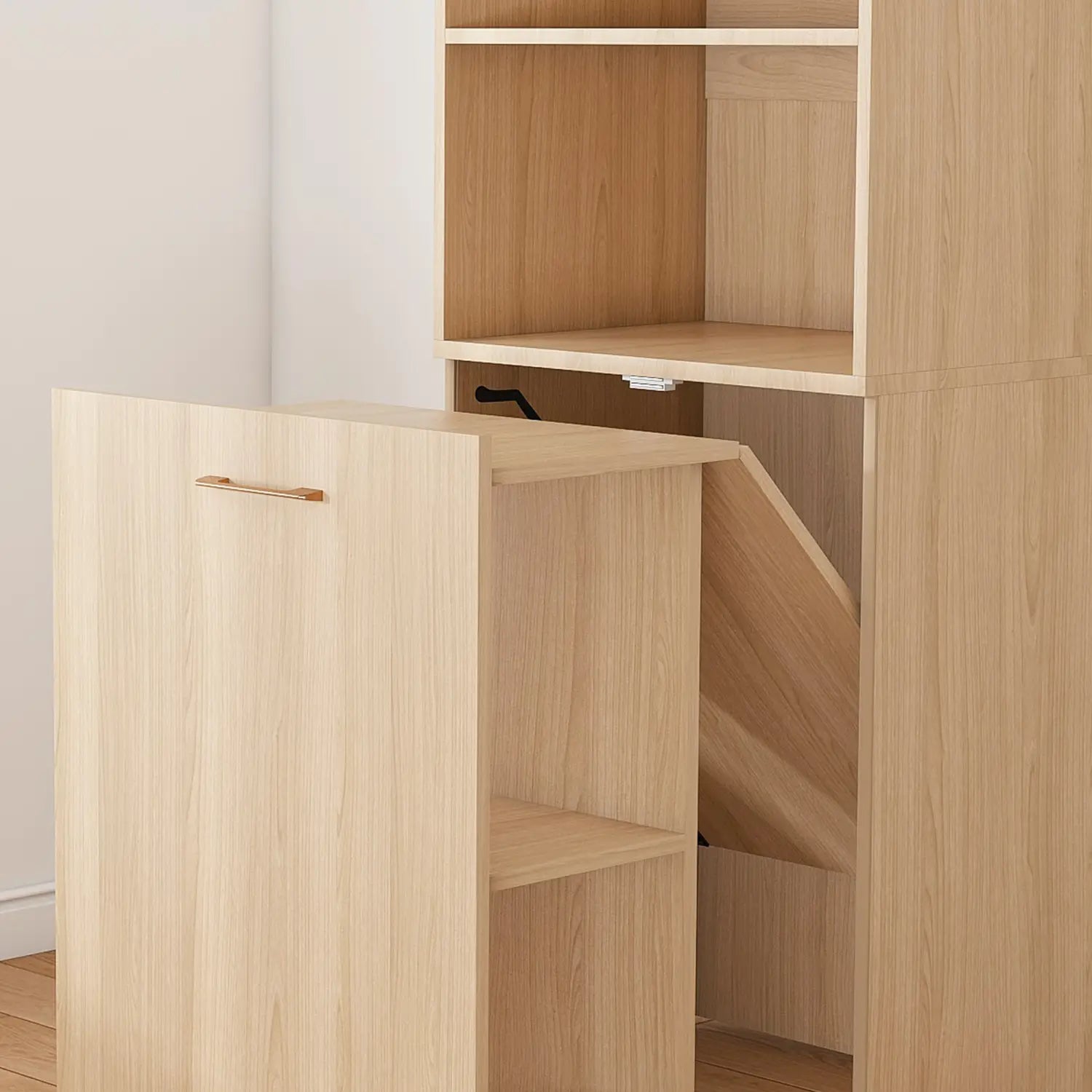 Bureau extensible en finition bois clair avec étagères de rangement modulaires, tiroir coulissant et roues, pour une organisation flexible.