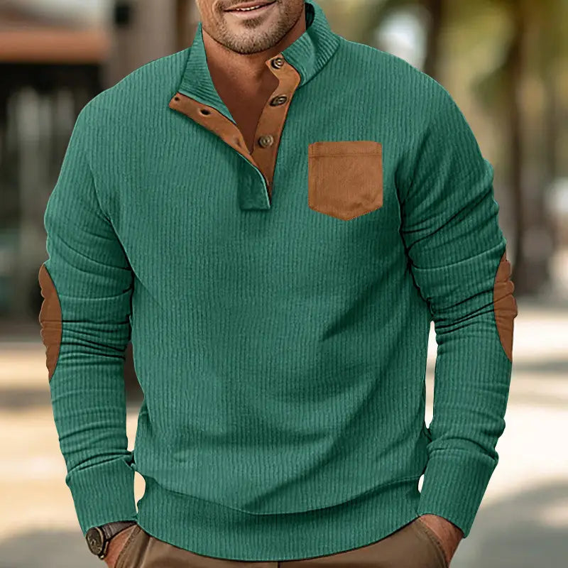slim fit corduroy patchwork pullover in teal ribbed knit with brown leather accents on collar placket buttons chest pocket and elbow patches