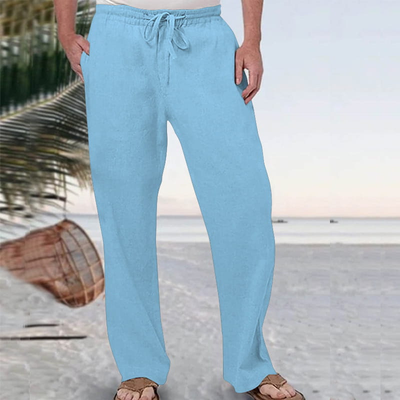 men linen straight leg casual pants in light blue lightweight fabric with a loose fit and drawstring waist