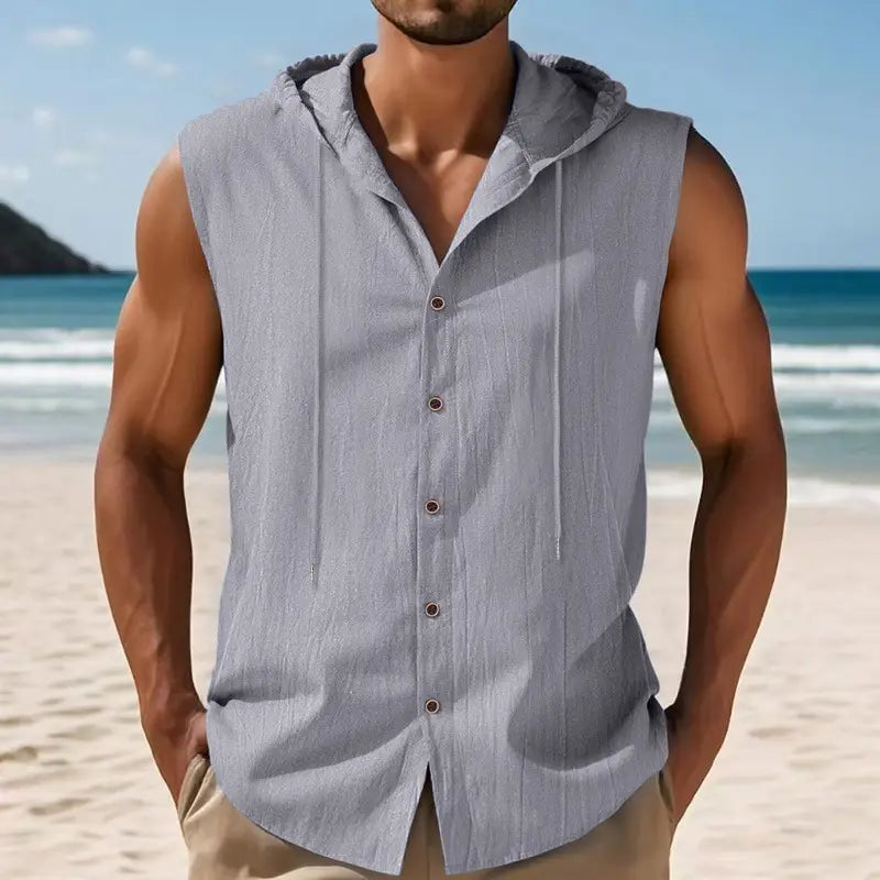 Men’s light gray linen blend sleeveless hoodie shirt with button-front design and drawstring hood.