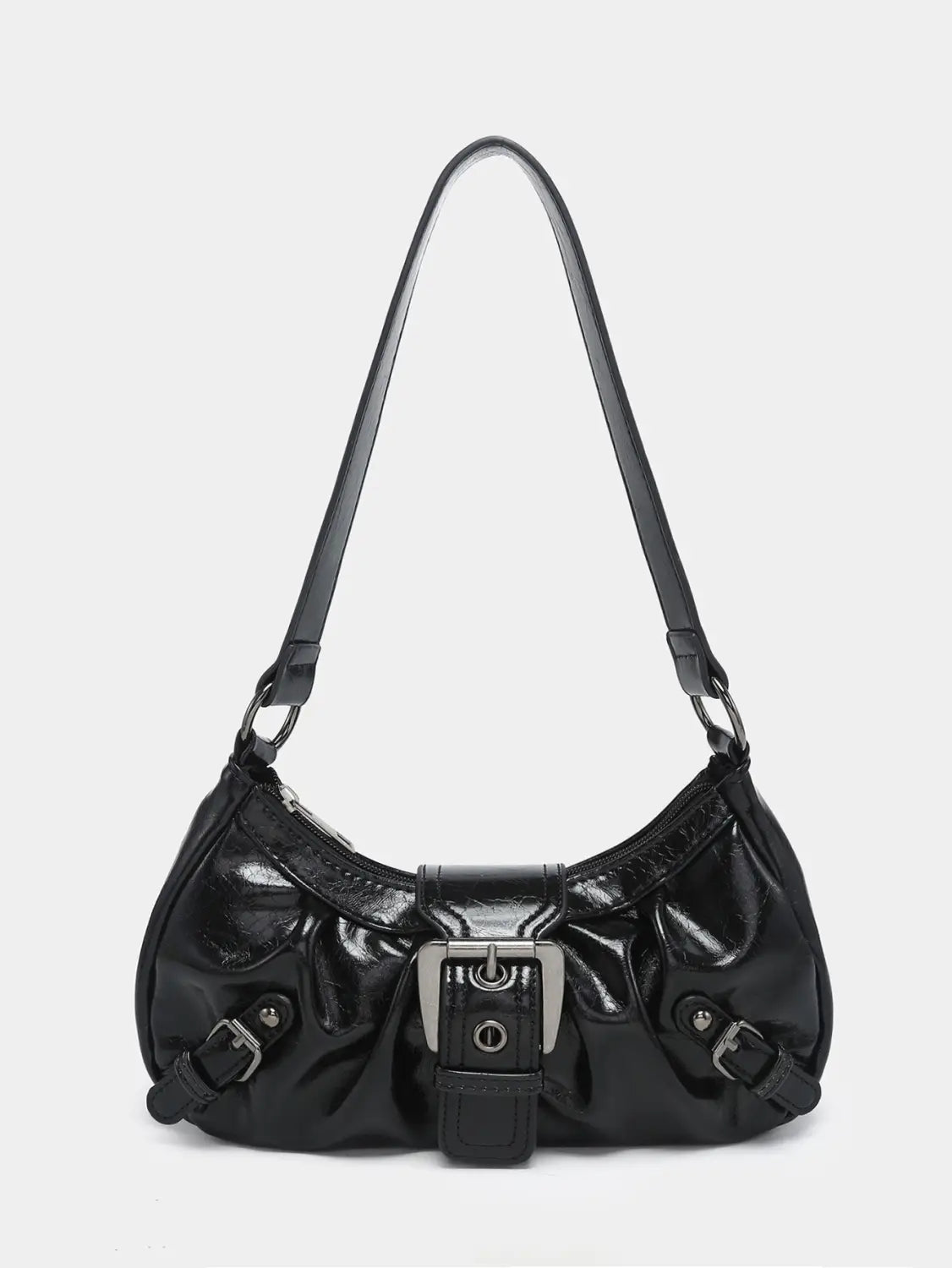 Vintage leather shoulder bag in black patent leather featuring a silver-toned buckle and dual adjustable straps.