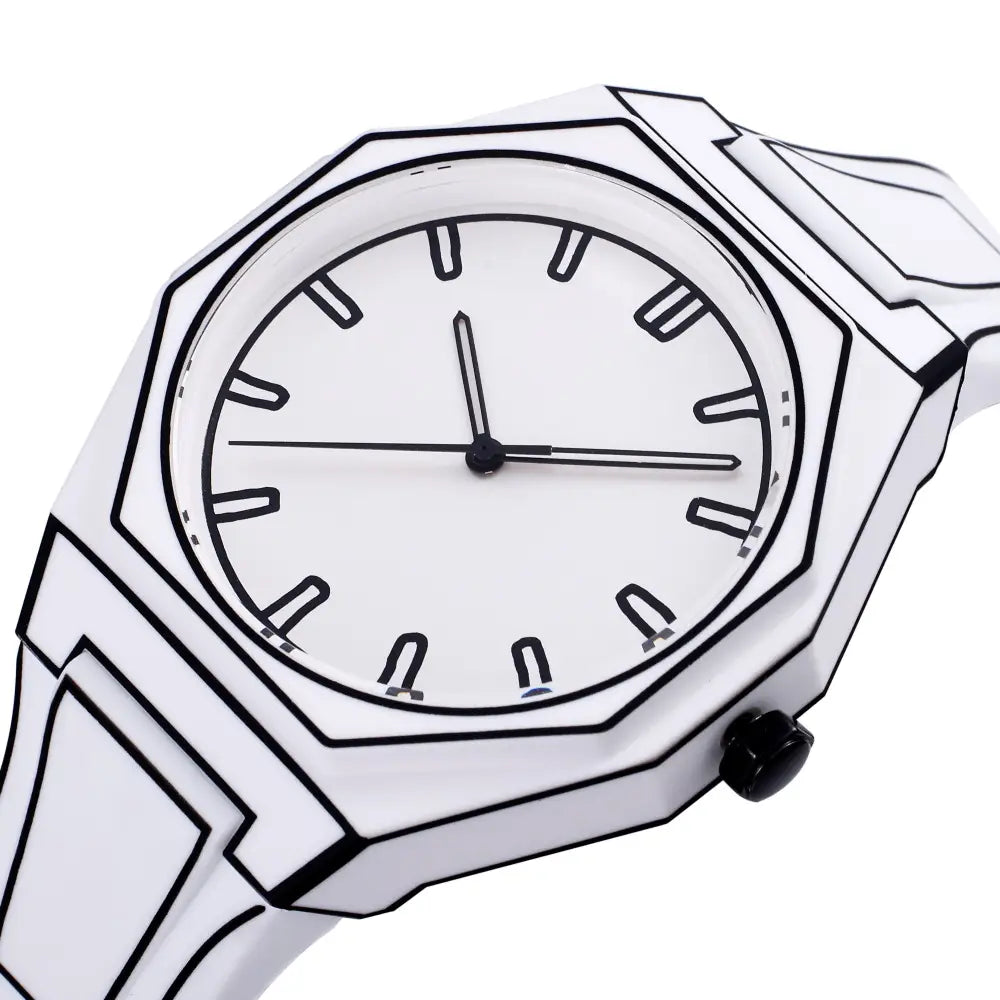 Modern octagonal minimalist waterproof silicone watch with a white geometric face and black outlined hour markers and hands featuring a sleek angular design.