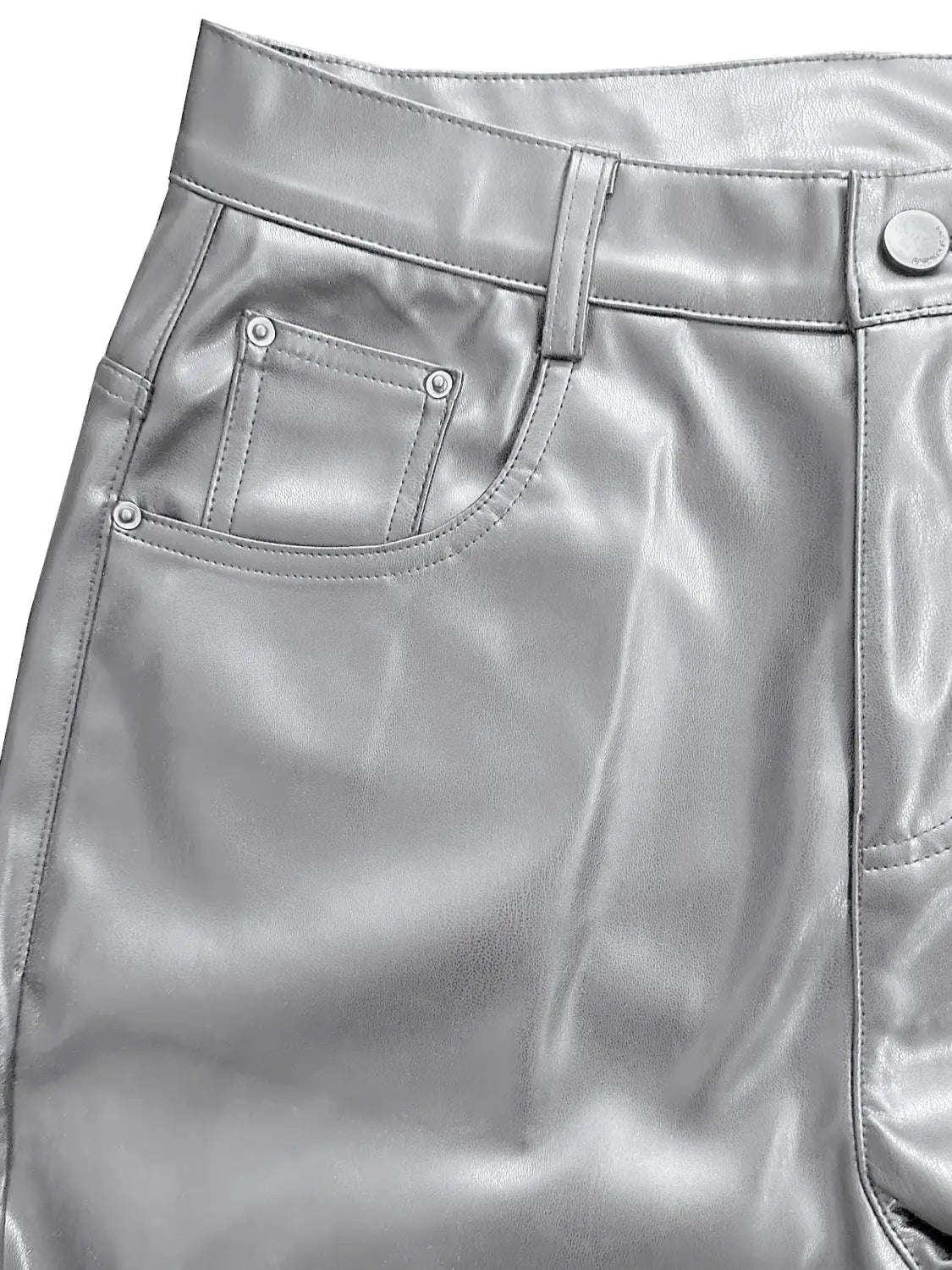 Men’s slim fit metallic and matte faux leather pants in silver featuring high-waisted design, sleek glossy finish, and classic denim-style stitching.