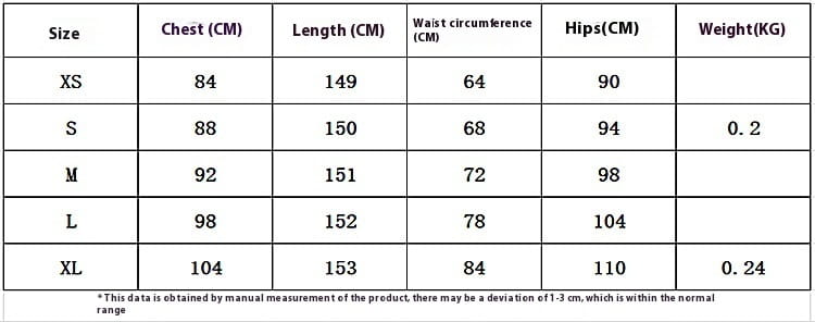 The table displays size measurements including chest length waist circumference hips and weight for a backless evening dress jumpsuit with straight pants across sizes xs to xl.