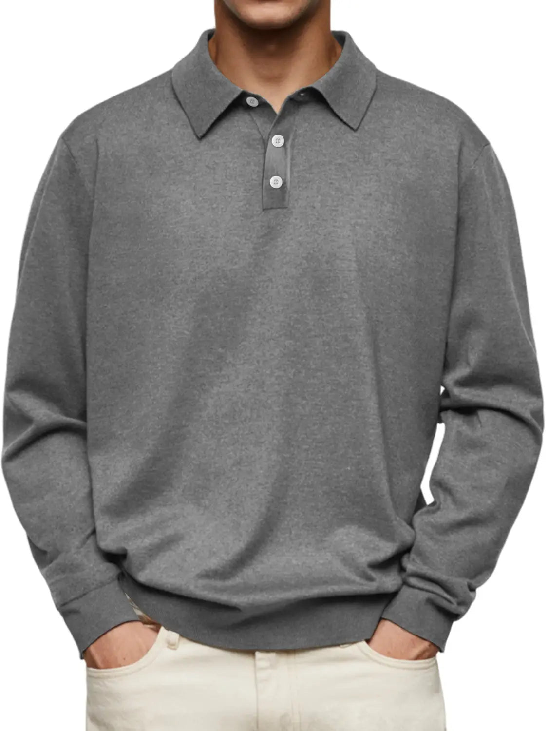 Men long sleeve v-neck button polo shirt in gray with a subtle heathered texture and white buttons.