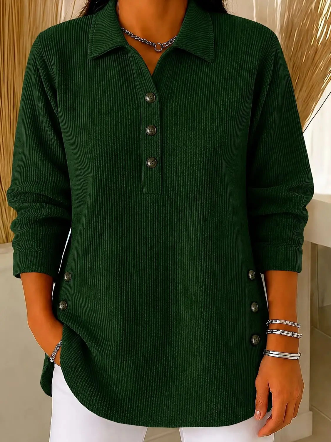 Dark green corduroy ribbed button up sweatshirt long sleeve casual top with collar and button front design.