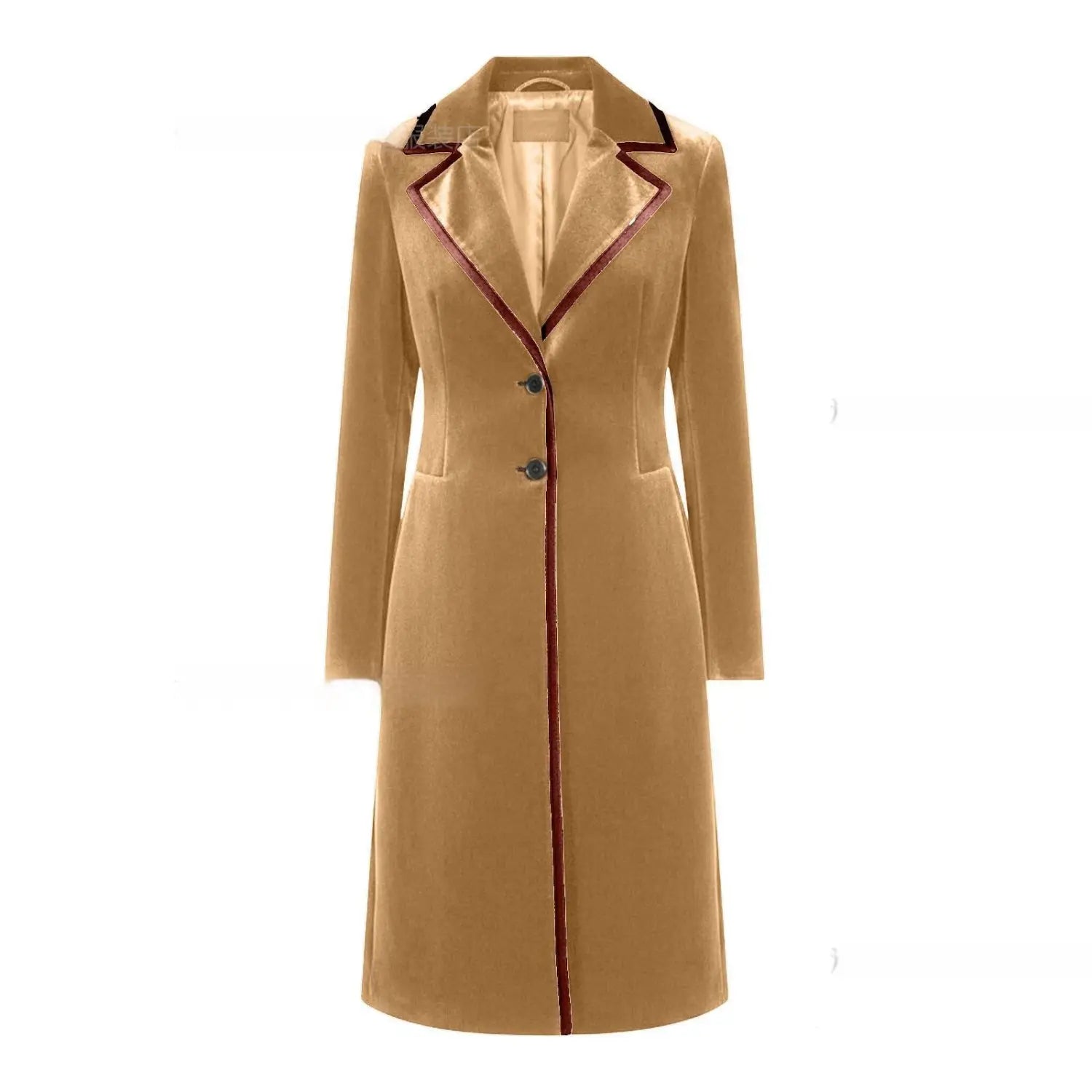 Manteau en velours couleur camel pour femmes, doté d’un col à encoches et d’une bordure en cuir rouge foncé le long des bords.