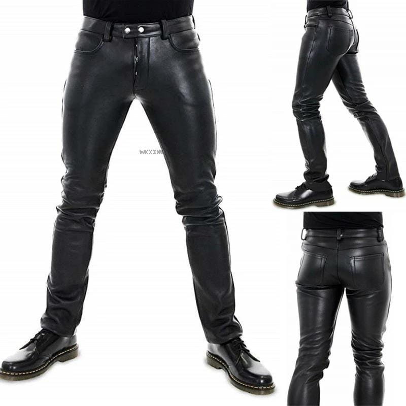 Men black faux leather pants with a slim fit design and silver-toned belt loops made of pu material.