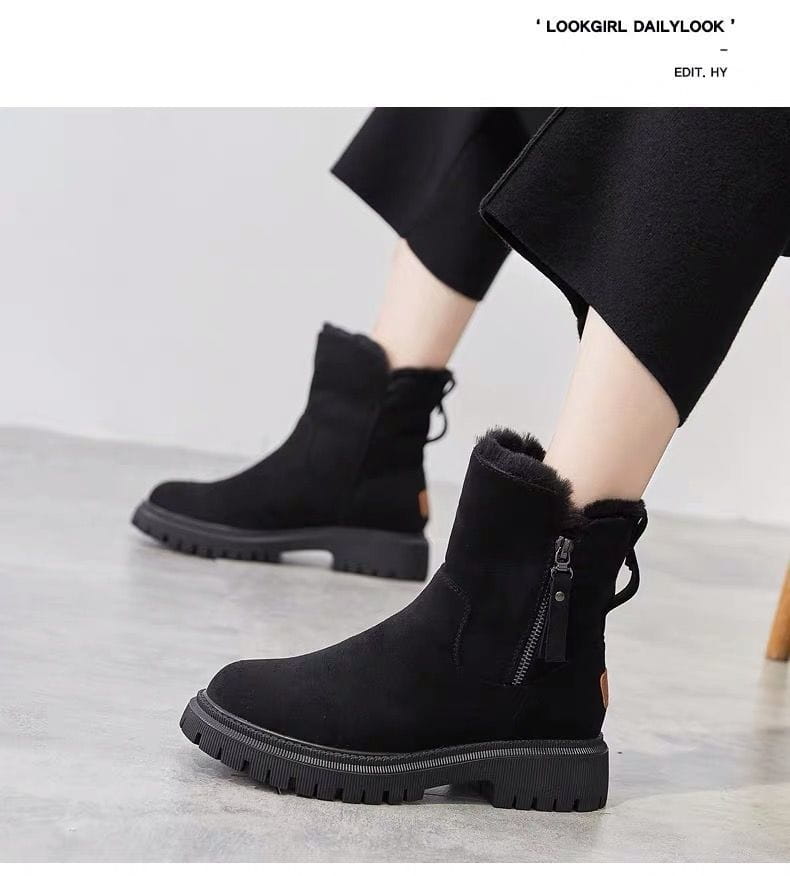Schwarze Wildleder-Winterstiefeletten für Damen mit weichem Fellfutter und robusten Gummisohlen