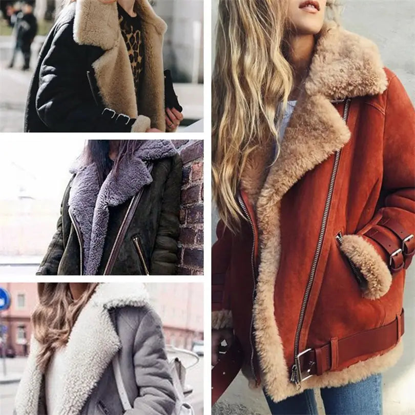 Shearling-gefütterte Wildleder-Bomberjacke mit Lederbesatz in warmem Rostbraun mit plüschigem beigem Shearling-Futter und einem verstellbaren Gürtel.