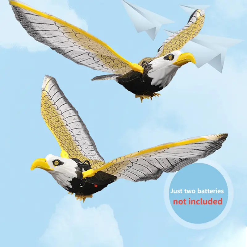 two remote-controlled interactive flying bird cat toys shaped like bald eagles with detailed feather patterns, yellow beaks and talons, white heads, black bodies, and gray wings edged in bright yellow.