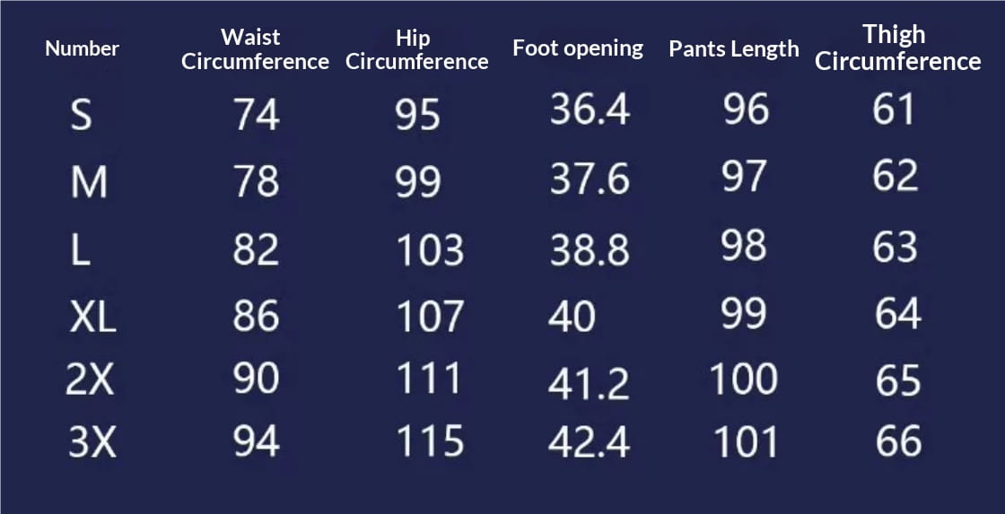 Size chart displaying measurements in inches for high waisted linen trousers men from size s to 3x.