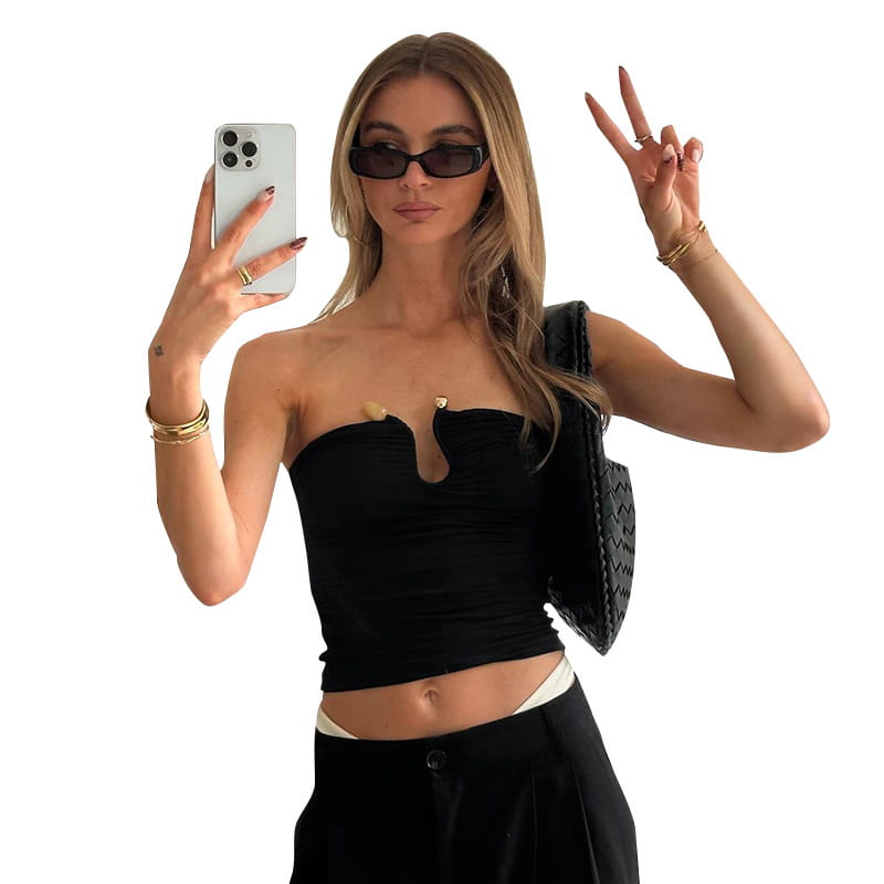Black strapless crop top featuring a distinctive gold-tone keyhole detail at the center front.
