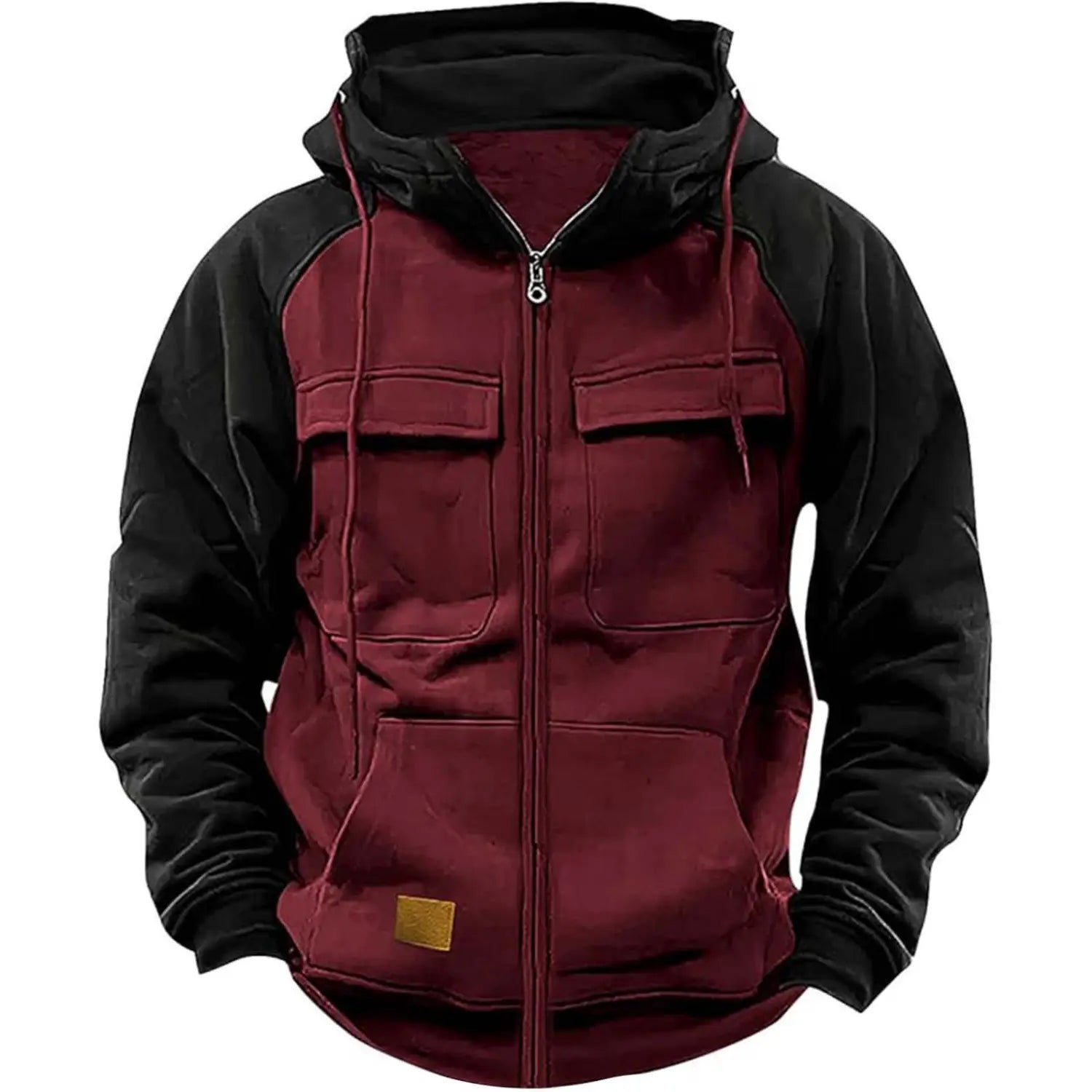 men’s retro velvet lined zip hoodie in maroon and black with contrasting hood, two front pockets with drawstrings, and a small gold patch on the lower left side