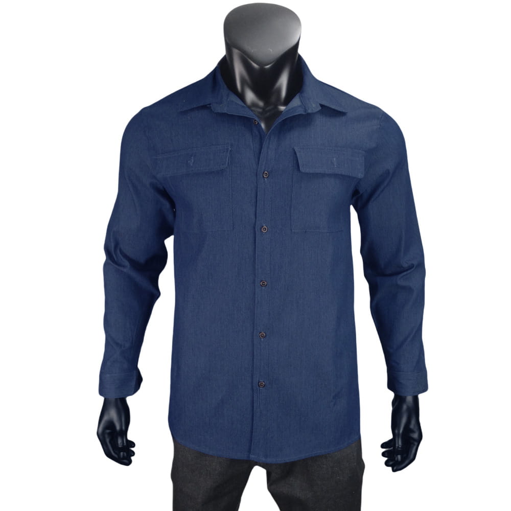 Herren-Denimhemd mit Knöpfen in Übergröße in Navyblau mit langen Ärmeln und zwei Brusttaschen aus Denim-Material