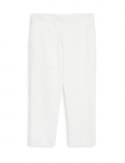 Men’s slim fit waffle knit straight leg business trousers in white with smooth stretchy fabric and a simple elastic waistband.