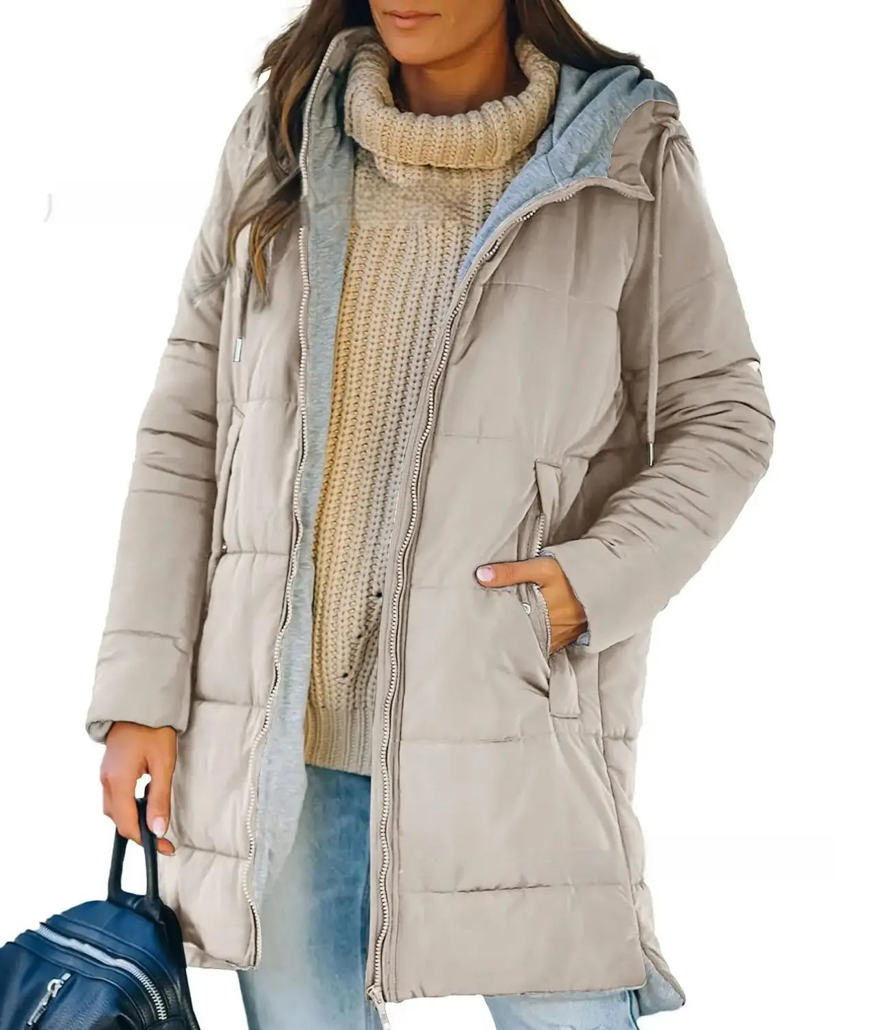Manteau d’hiver matelassé en coton avec capuche pour femmes, beige, avec doublure intérieure bleu clair contrastante et capuche.