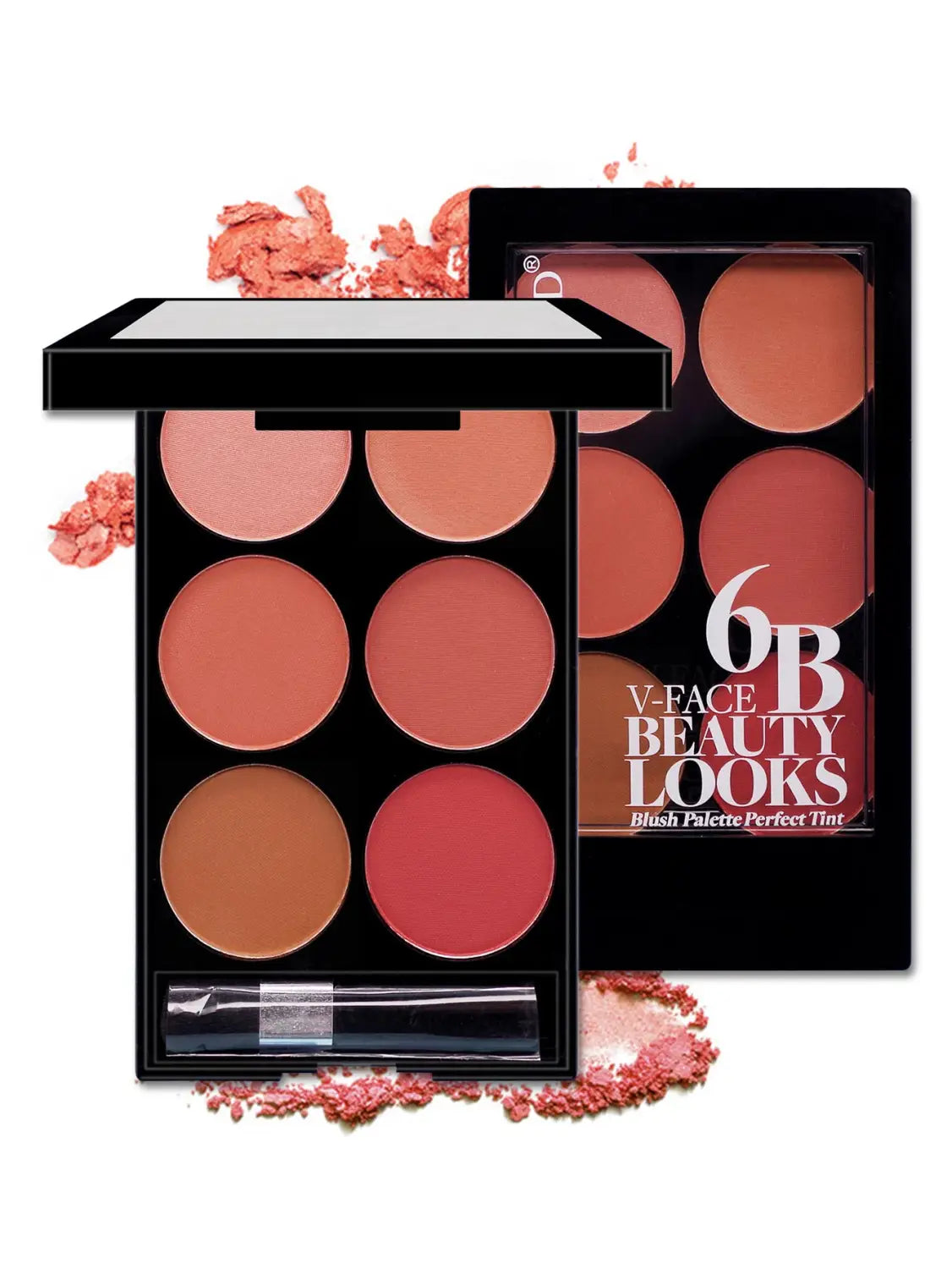 Palette rectangulaire de fard à joues noir en six couleurs, composée de six godets circulaires aux tons pêche corail et rose disposés en grille 3×2 pour le kit de contour du visage en V.