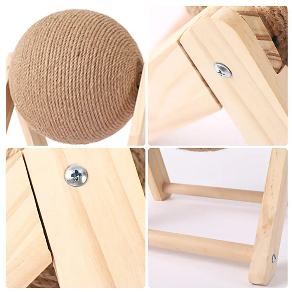Pelota de rascado para gato de sisal, envuelta en material de sisal beige, montada en un soporte de caballete triangular de madera clara.