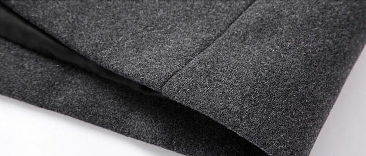 Men slim woolen trench coat in dark gray with a subtle textured weave and black inner lining displayed from the front.