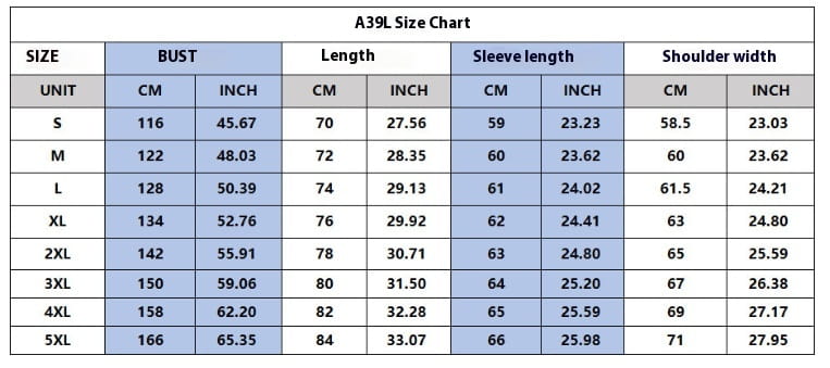 a39l size chart table displaying bust, length, sleeve length, and shoulder width measurements in centimeters and inches for men printed knit pullover sweatshirt sizes s to 5xl.