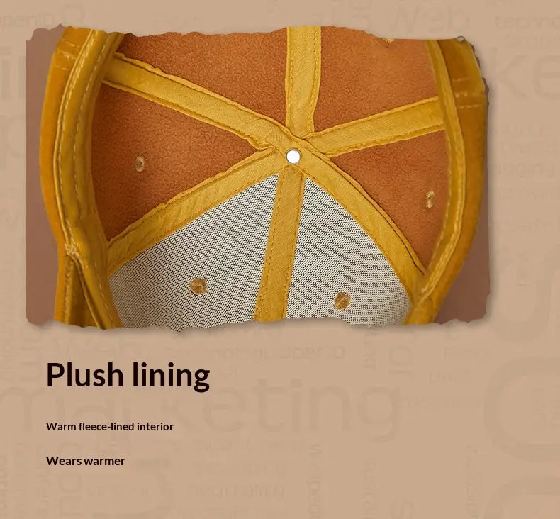 Men suede baseball cap in orange with yellow stitched panels and a thickened plush fleece-lined interior for winter use