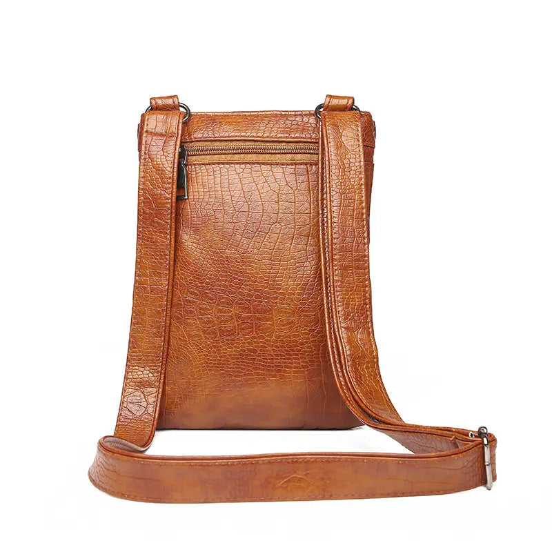 Brown soft leather crossbody bag with retro crocodile texture and adjustable strap