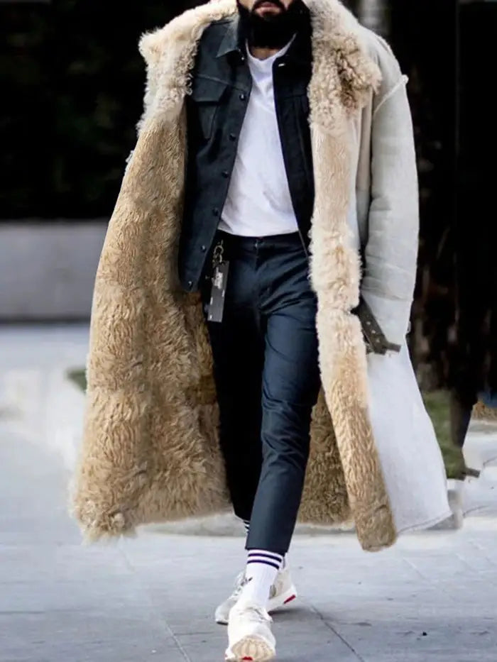 A plush cream-colored furry long shearling winter coat with a thick fluffy interior lining worn over a structured black denim jacket.