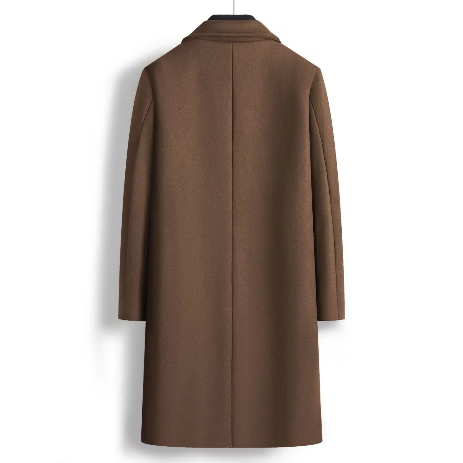 A sleek camel-colored men double breasted wool overcoat with a classic collar and straight-cut sleeves in a mid-length design.