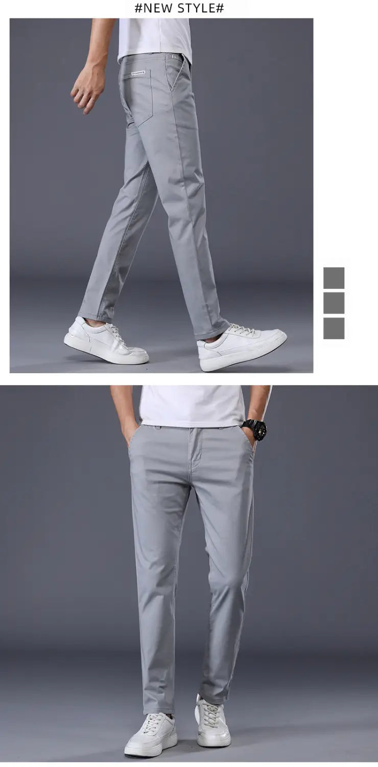 Herren-Chinohosen aus elastischer Baumwolle in Hellgrau, Slim Fit, mit dezentem gewebtem Strukturmuster und modernem geradem Beindesign.