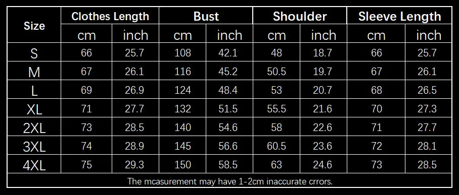 Tableau des tailles pour la veste en similicuir PU à capuche pour homme avec doublure en polaire, indiquant des mesures en centimètres et en pouces pour les tailles allant de S à 4XL.