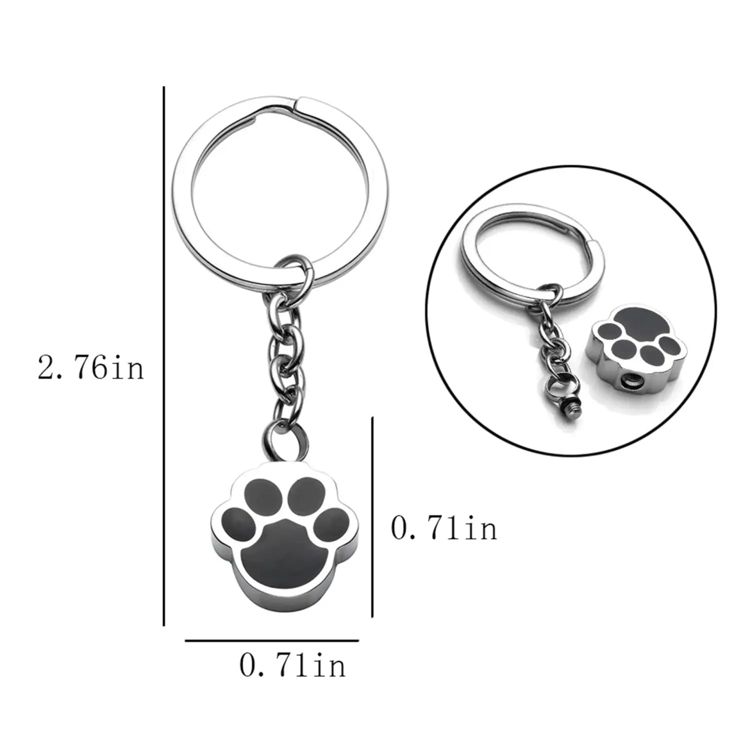 Silver dog paw urn keychain with black enamel fill designed as a cremation memorial pendant.